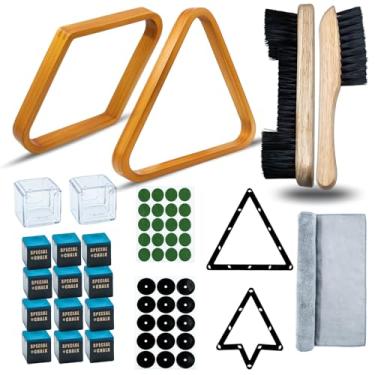 Imagem de OMTRS 23 peças de rack triangular de madeira para piscina, acessórios de mesa de bilhar com escova de mesa de bilhar para feltro, suporte de bola de bilhar de 6,5 cm, acessórios de bilhar (amarelo)