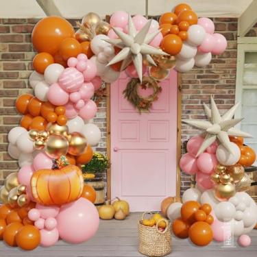 Imagem de Pink Fall Balloons Garland Arch Kit - 149pcs Burnt Orange Nude Pink Gold Balloons with Pumpkin Foil Balloon for Thanksgiving Autumn Fall Birthday Party Decorations