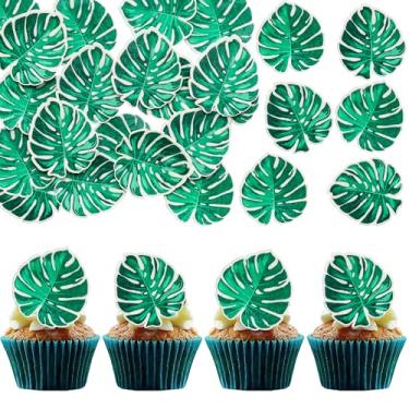 Imagem de Ephlyn 50Pcs Edible Tropical Palm Leaves Cupcake Toppers Turtle Leaf Cupcake Picks Wafer Paper Edible Leaves Cupcake Decorations for Jungle Hawaiian Theme Baby Shower Birthday Party Supplies Green