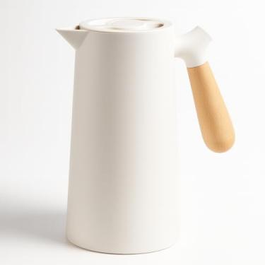 Imagem de Garrafa Térmica Nórdica 1L Branca com Cabo de Madeira – Design Premium para Café e Chá | Mesa Posta e Decoração | Conserva Bebidas Quentes e Frias | Utensílios de Cozinha Moderno