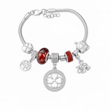 Imagem de Pulseira de Berloques Feminina, Snake Chain Prateada com Charms Árvore da Vida, Elefante, Medalhão com Strass e Murano Vermelho Ajustável 18-20cm