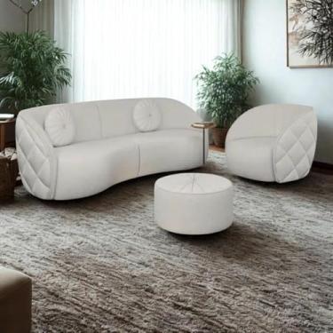 Imagem de Kit Sofá Curvo E Poltrona Puff Bouclé Branco Euphoria - Larbelle Móveis