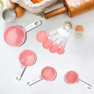 Imagem de Conjunto de 8 peças de copo de medição e colher, cabo de aço inoxidável, copos e colheres de medição de plástico com marcações métricas e americanas para assar, cozinhar e medir líquidos
