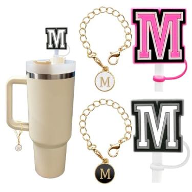 Imagem de (2+2) 2 peças de cobertura de canudo para copo Stanley 30 e 1,134 g 10 mm topo de palha com 2 peças acessórios de copo Stanley amuletos letra nome ID letra inicial alça personalizado para copo Stanley