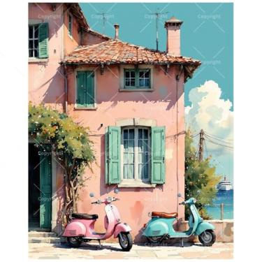 Imagem de Kit de pintura de casa mediterrânea por números para adultos - Scooters coloridos DIY cercados por pintura vegetal em tela, 30 x 40 cm, conjunto de tinta acrílica emoldurada para iniciantes, arte para