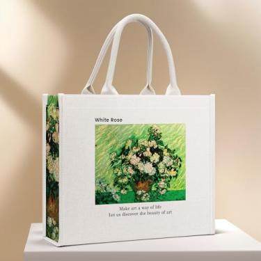 Imagem de Bolsa feminina de lona reutilizável para compras, piqueniques, fácil armazenamento, Rosa branca, Large