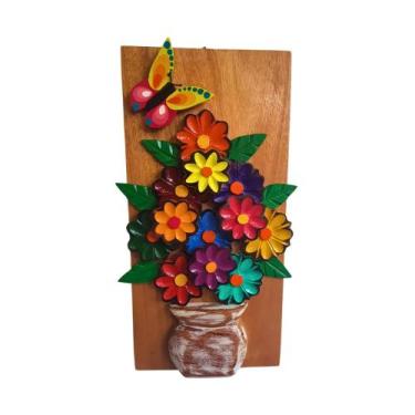 Imagem de Quadro Rústico Madeira Demolição Flores Coloridas e Borboleta Artesana