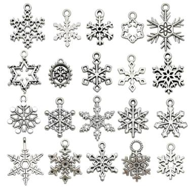 Imagem de 20 peças de pingentes de flocos de neve prateados antigos para fabricação de joias, pingentes de Natal tibetano, suprimentos de artesanato para pulseiras, colar, chaveiro (SN18
