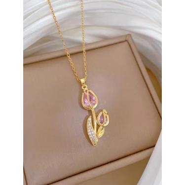 Imagem de Colar com pingente de tulipa dourada com incrustação de zircão rosa requintados e doces acessórios femininos presentes para amigos e familiares