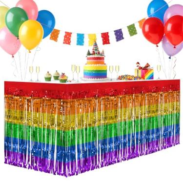 Imagem de Pacote com 2 saias de mesa arco-íris, saias de mesa metálicas de 73,66 x 274,32 cm com franjas para mesas retangulares, cortinas de flâmula, pano de fundo, decorações de festa para aniversários
