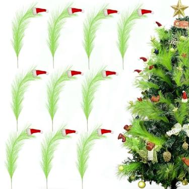 Imagem de 10 peças de topo de árvore de Natal, enfeites artificiais de pampas de 43 cm, hastes fofas verde-limão com chapéus vermelhos de Papai Noel para árvore de Natal e vasos, decoração de guirlanda