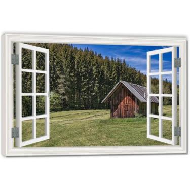 Imagem de Impressão em tela de janela falsa The Cabin Next To The ForestImmersive, arte de parede cênica virtual para decoração de sala de estar emoldurada 30 x 45 cm