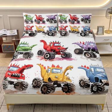 Imagem de AILONEN Jogo de lençol solteiro com desenho animado Monster Trucks, caminhão de dinossauro, esportes radicais, para todas as estações, 1 bolso profundo com 2 fronhas, 3 peças