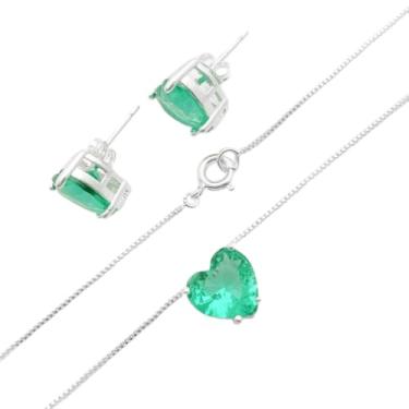 Imagem de Conjunto Feminino com Prata Colar e Brinco Coração Verde Turmalina 45cm com Extensor Cravejado Premium Italiano Hipoalergênico Brilho Eterno Elegante e Versátil