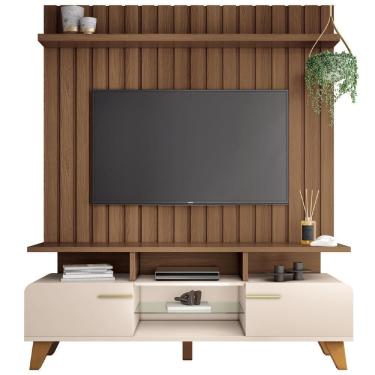 Imagem de Rack Para Sala émile Com Painel Para Tv Ripado 60 Pol Conect B01 Off White Castanho - Lyam Decor