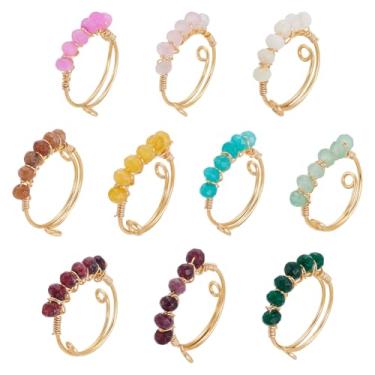 Imagem de UNICRAFTALE 10 peças de anéis ajustáveis de pedra de cristal de chacra, espiritual, irregular, envolto em arame, colorido, joia de pedra natural para mulheres, 19mm inner diameter, Pedra mista, Sem