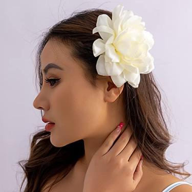 Imagem de BETHYNAS Grampo de cabelo floral rosa feito à mão com flor grande, rosa, dança, festa, presilha, joias, acessórios de cabelo de casamento para mulheres e meninas (branco cremoso)