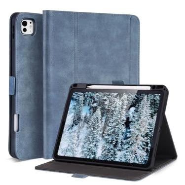 Imagem de AsileCuir Capa feita à mão para iPad Pro de 11 polegadas M4 2024 A2836 A2837 A3006 com bolso para lápis, suporte de vários ângulos, fecho magnético, capa protetora de couro vegano, hibernar/despertar