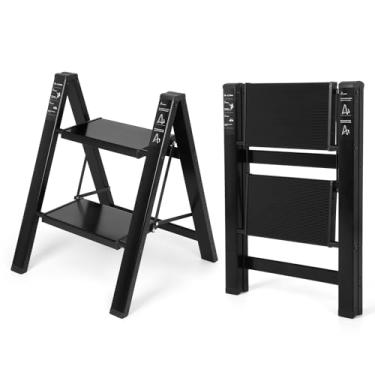 Imagem de FAHKNS Escada de 2 degraus, banco dobrável leve de alumínio com pedal largo antiderrapante (19 cm), banco de piso com capacidade de 150 kg, escada dobrável em 2 degraus para escritório, casa, cozinha