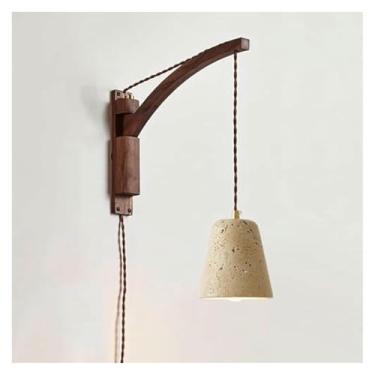 Imagem de WLHAZMWY Lâmpada de parede de meados do século arandela plug-in com braço giratório, lâmpada de madeira vintage rústica lâmpada de mármore natural para quarto, casa de fazenda (estilo B)