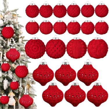 Imagem de Syhood 24 peças de enfeites de Natal de crochê, 5 estilos, 6 cm, 8 cm, enfeites de bola de pinha de Natal tricotados feitos à mão para decoração de festa de árvore de Natal (vermelho)
