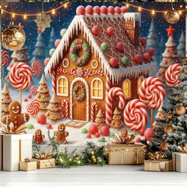 Imagem de HOMETITUTE Faixa de casa de gengibre, 2,4 x 1,8 m, cenário de Natal com bengalas de doces, pirulitos, pão de gengibre, masculino, cena de neve para decoração de festas internas e externas