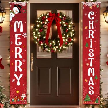 Imagem de Faixa de Feliz Natal de 187 x 30,5 cm Placa de varanda para pendurar árvore de Natal e Papai Noel decoração de Natal para decoração de porta de casa ao ar livre, decoração de festa de boas-vindas