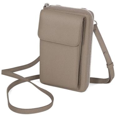 Imagem de Bolsa feminina pequena de couro genuíno transversal e carteira para celular com alça ajustável, serve para celular de até 15 cm, Cinza, Bolsa transversal