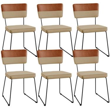 Imagem de Kit 06 Cadeiras Faixa Couríssimo Camel Linho Bege Escuro