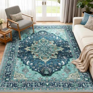 Imagem de RELEANY Tapetes de área 1,5 x 18 m lavável aspirador de pó, antiderrapante, floral, vintage, estampa de angústia, tapete medalhão para sala de estar, quarto, verde-petróleo, azul lago azul turquesa
