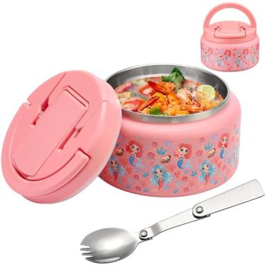 Imagem de BABHAMNESS Garrafa térmica de sopa de 382 g para comida quente infantil isolada a vácuo com tampa de fivela, recipiente de almoço de aço inoxidável à prova de vazamento de boca larga com colher-sereia