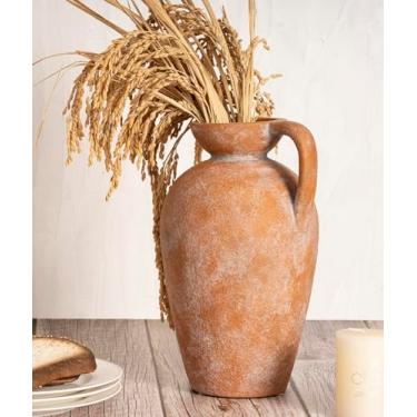 Imagem de Vaso de terracota com alça, cerâmica texturizada única Boho de 25,4 cm, vasos de cerâmica decorativos rústicos para flores, centros de mesa, sala de estar.