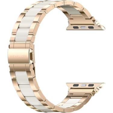 Imagem de Wearlizer Pulseira feminina compatível com Apple Watch Ultra 2/Ultra/SE/9/8/7/6/5/4/3/2/1-ouro rosa + luz das estrelas de 42 mm, 44 mm, 45 mm e 49 mm, aço inoxidável + resina