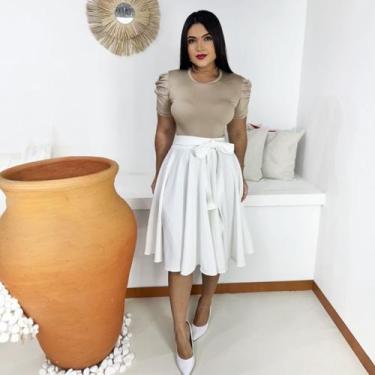 Imagem de Saia Midi Godê Moda Evangélica Feminina - Miss Flower, Branco, PP