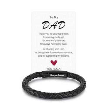 Imagem de Pulseira masculina trançada de couro genuíno para presente para homens, pai, marido, namorado, filho, neto, irmão, sobrinho, tio, preto, aço inoxidável, gravada com Love You Forever, joia 19,5 | 22,5