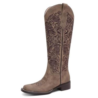 Imagem de GPXGPX Botas femininas bordadas, cano alto, cowgirl, salto baixo, confortável, bico quadrado ocidental, botas altas, Marrom, 36
