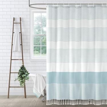 Imagem de XOGUIBO Cortina de chuveiro azul aqua algodão litoral oceano listrado cortinas de chuveiro para banheiro com borla 182 x 182 cm