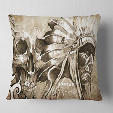 Imagem de Retrato de desenho de tatuagem Guerreiro indiano americano sala de estar, sofá, almofada de alta qualidade + capa de almofada impressa em ambos os lados 66 cm x 66 cm