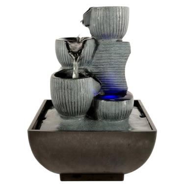 Imagem de Fonte movida a energia solar com bola de cristal e luzes LED, cachoeira de rocha de 5 camadas para espaços zen internos, fonte de mesa de resina para escritório doméstico