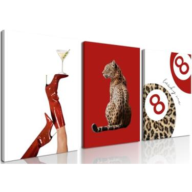 Imagem de Conjunto de 3 arte de parede em tela leopardo moderno - estampa de martini de salto alto de chita vermelha, imagens de decoração de parede, pôsteres de 8 bolas divertidas Lucky You, pinturas estéticas