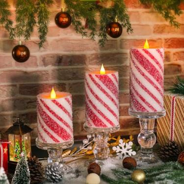Imagem de 3 velas de Natal cintilantes sem chamas – Cera real vermelha e branca com listras LED pilar velas operadas por bateria para casa, Natal, Ano Novo, decoração de festa de casamento de inverno ou