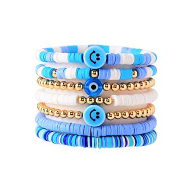 Imagem de Conjunto de pulseiras de surfista Heishi coloridas, com sorriso, mau-olhado, contas elásticas, argila, empilhável, boho, disco, presentes de festa, Y2K, Kidcore, estética, verão, praia, boêmio,