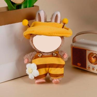 Imagem de Compatível com Labubu (sem boneca) - Conjunto de chapéu de abelha amarela e macacão listrado com decoração de flores, roupa para bonecas de pelúcia de 15 cm/17 cm (abelha amarela)