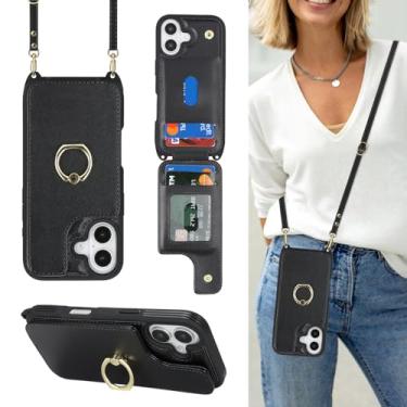 Imagem de Lipvina Capa para iPhone 17 com suporte de cartão e alça para mulheres, cordão transversal, suporte de anel, fecho de pressão, capas de carteira de telefone fofas de 6,3 polegadas (preto)