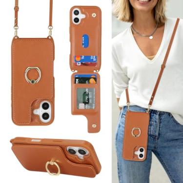 Imagem de Lipvina Capa para iPhone 17 com suporte de cartão e alça para mulheres, cordão transversal, suporte de anel, fecho de pressão, capas de carteira de telefone fofas de 6,3 polegadas (marrom)
