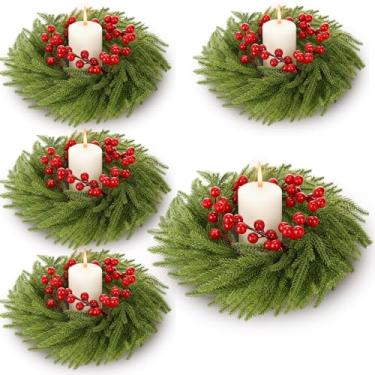 Imagem de Cinnvoice 4 peças de anéis de vela de Natal guirlanda artificial com mini guirlanda de vela de Natal de frutas vermelhas para mesa central de mesa armário de cozinha casa janela decoração da porta da