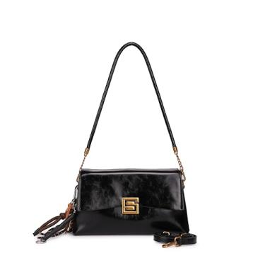 Imagem de RTPRTP Bolsa de ombro feminina de poliuretano com decoração de borla estilo retrô, bolsa transversal, alça de ombro destacável, carteira marrom, Preto, Small, Bolsa quadrada pequena transversal