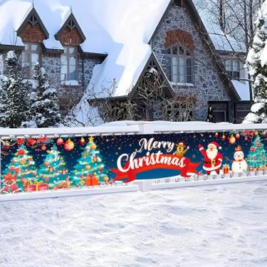 Imagem de HOMETITUTE Banner de Feliz Natal céu noturno azul Papai Noel boneco de neve design de árvore de rena banner pendurado de Natal 299,7 x 50,8 cm grande cerca externa varanda decoração de parede pano de