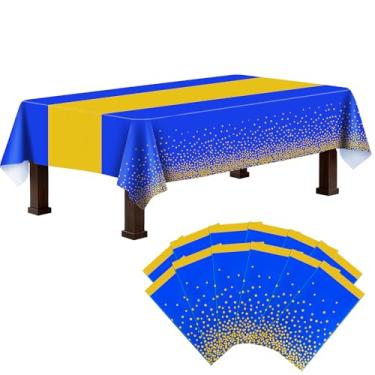Imagem de Ammbeetty Toalha de mesa retangular de plástico, pacote com 12 toalhas de mesa descartáveis azuis e douradas, retangulares para Natal, aniversário, chá de bebê, formatura, aniversário, decorações de