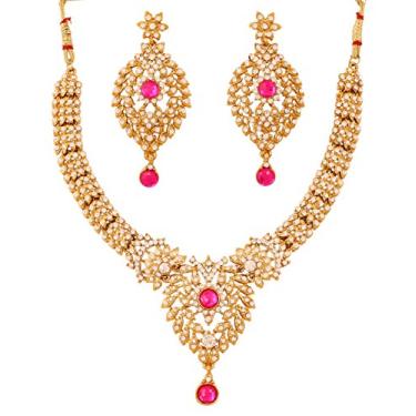 Imagem de Touchstone Conjunto de colar de joias indiano Bollywood lindo branco fúcsia em tom dourado antigo, Strass